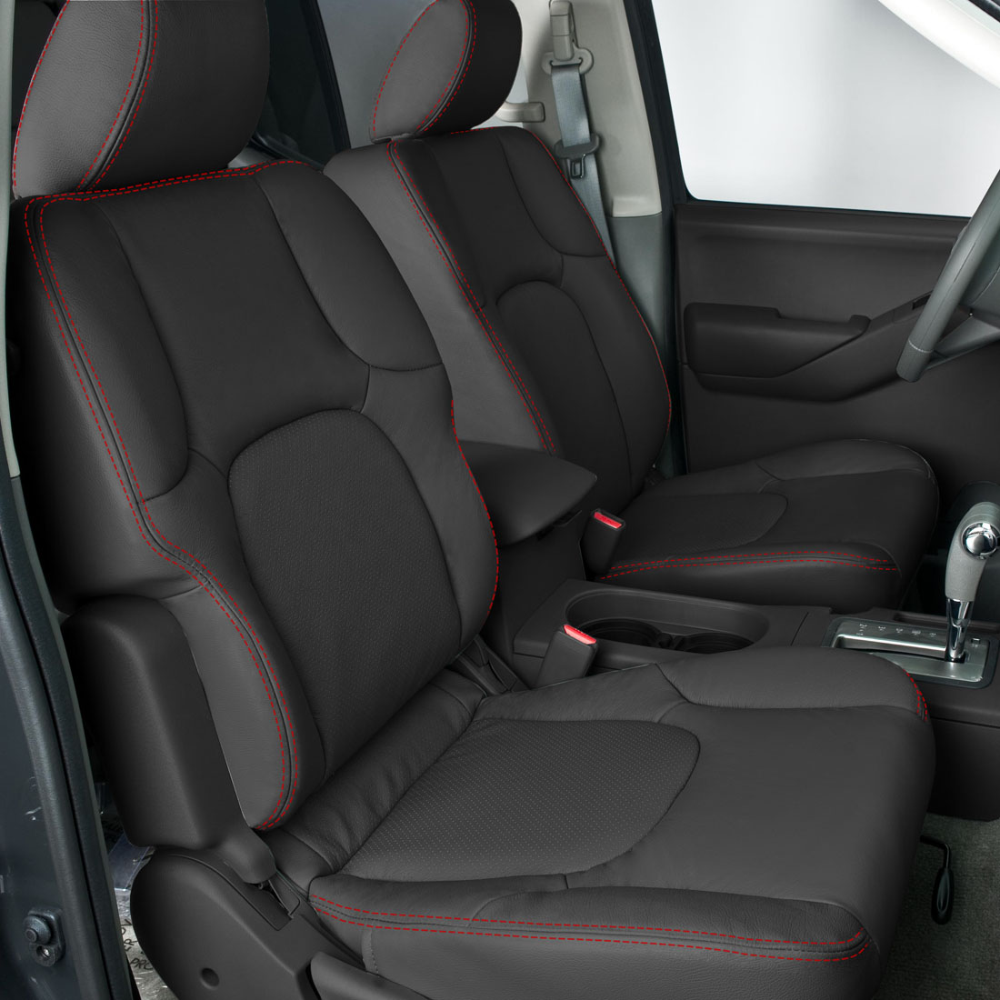 Graphite with perf insert and red contrast all stitching