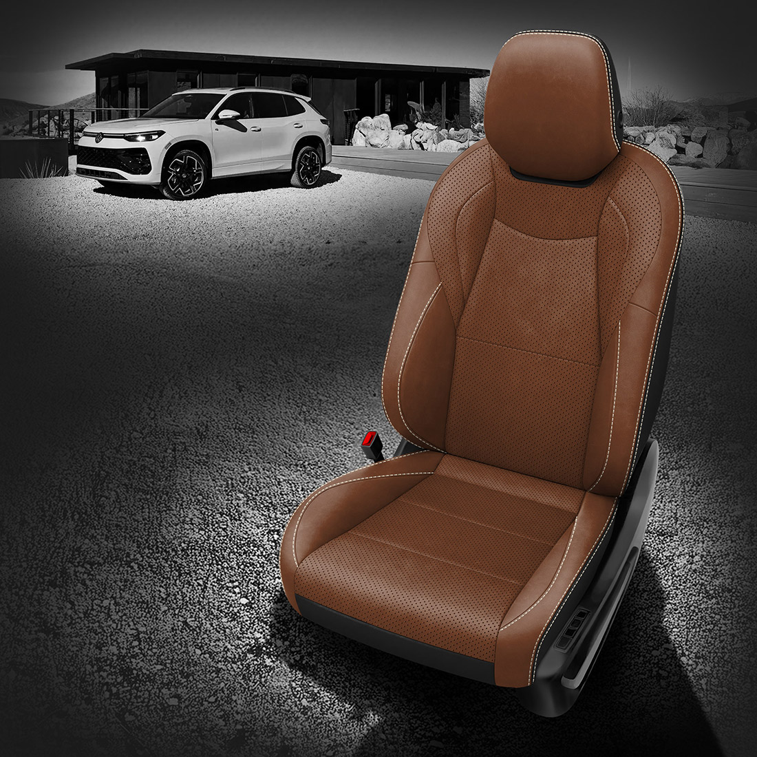 BLACK wrap, MAHOGANY Facing, Perf Body, PEARL contrast all stitch
