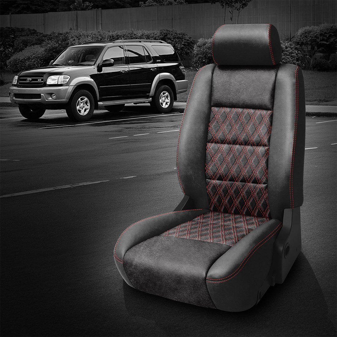BLACK wrap, ~3030 RAVEN Body, RED contrast all stitch, Tek Stitch DOUBLE DIAMOND INSERTS, RED TekColor